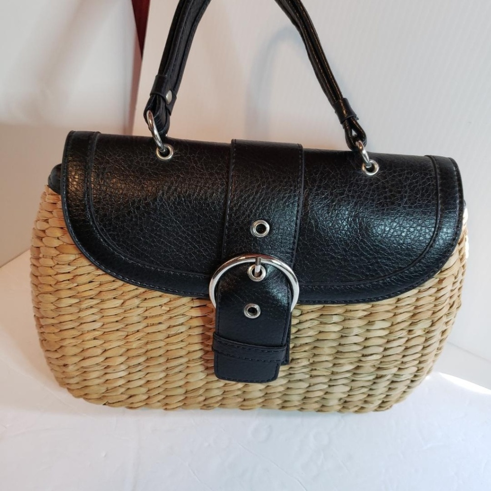Black and tan wicker handbag